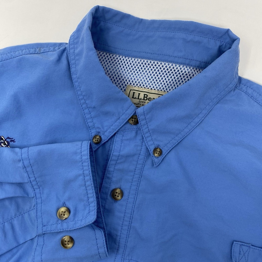 L.L. Bean Men Large Solid Blue Vented Roll Tab Sleeves Button Down Fishing Shirt